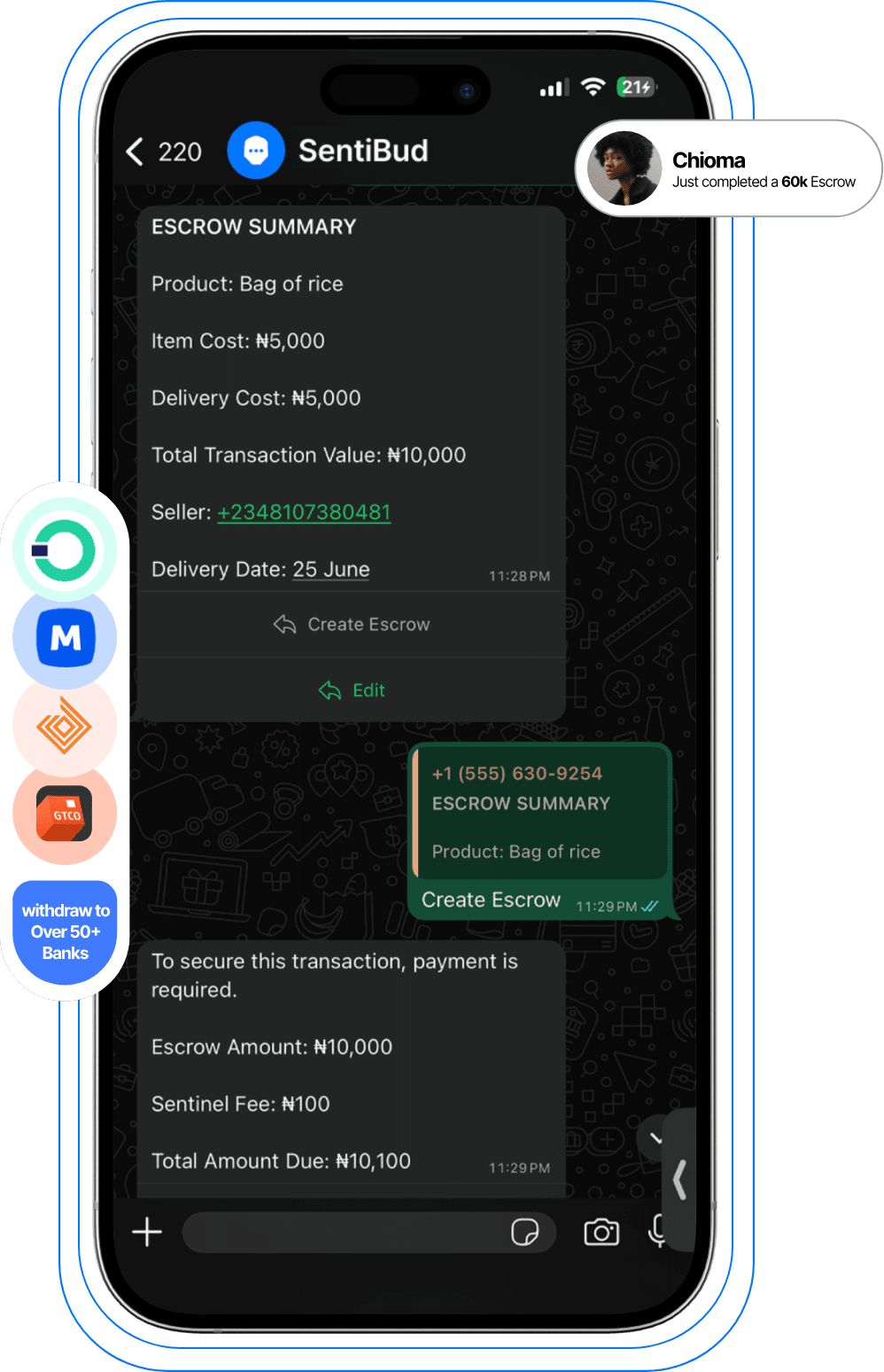 Sentinel Escrow conversation on WhatsApp